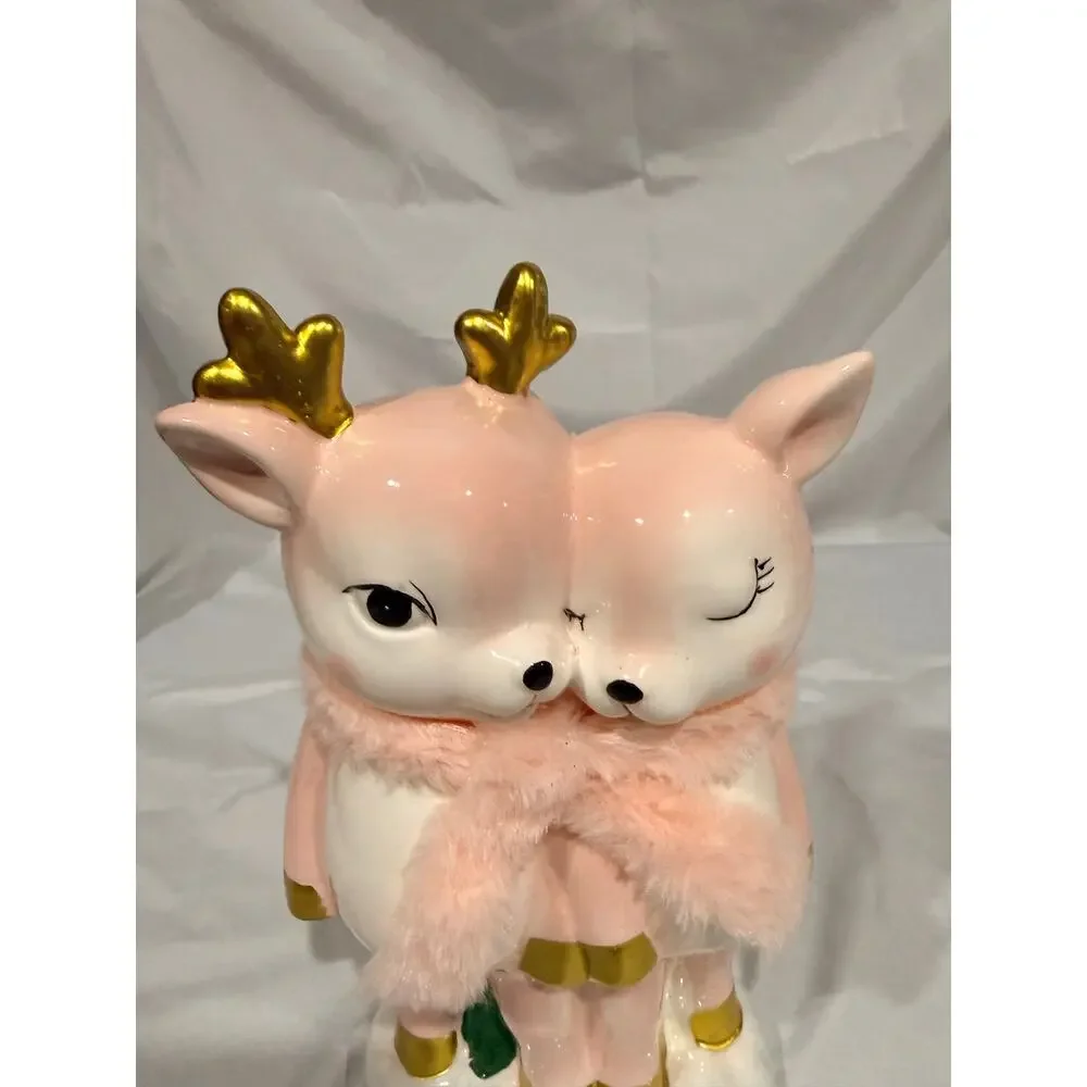Bella Lux 11” Pink Reindeer Ceramic Figurine Christmas Decor Antlers Faux Fur